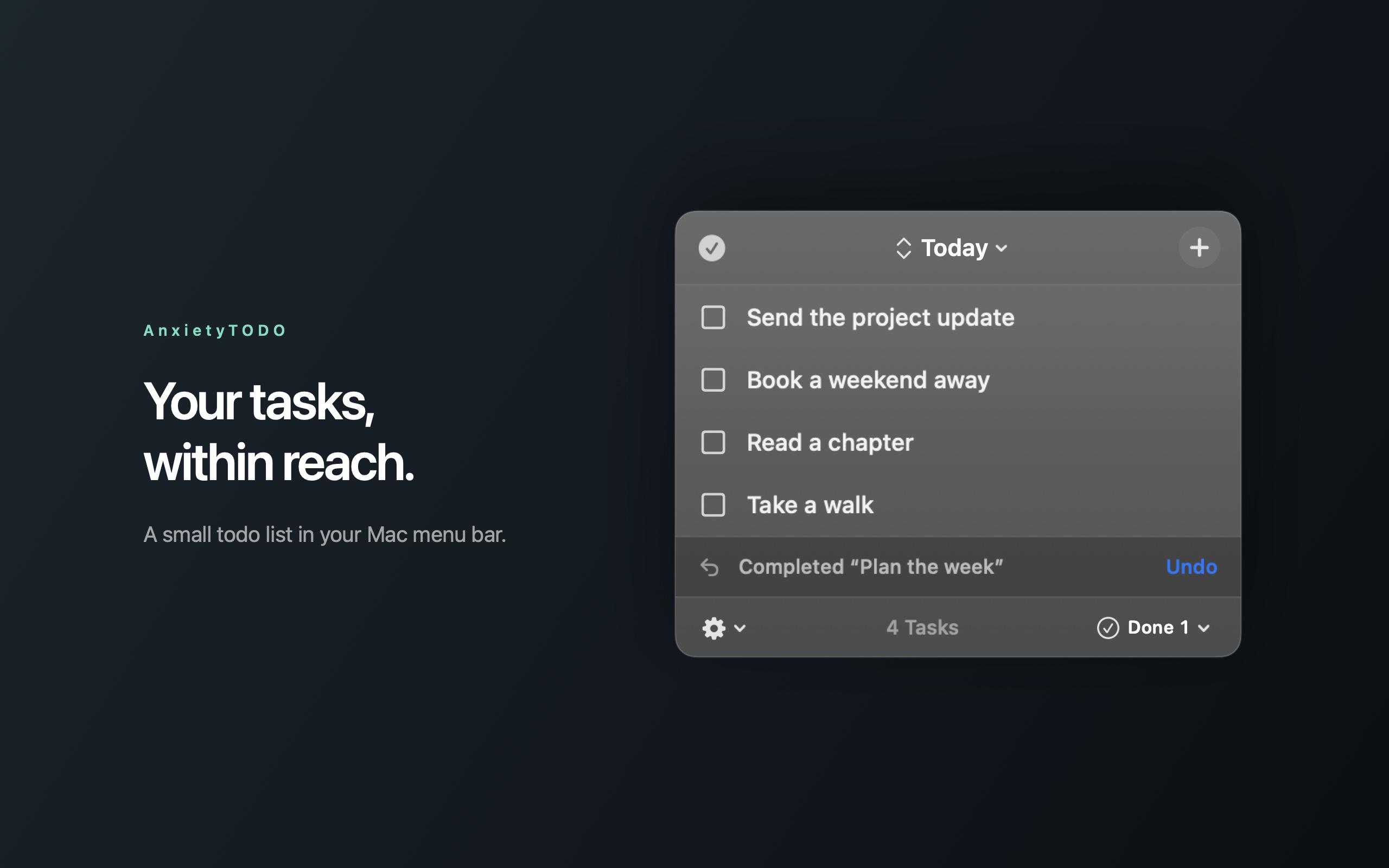 AnxietyTODO’s native dark menu-bar panel showing sample tasks and controls for adding tasks, viewing done tasks and undoing changes.